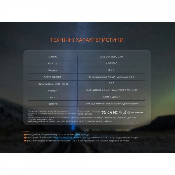 Аккумулятор 18650 Fenix (3400 mAh) Type-C V3.0