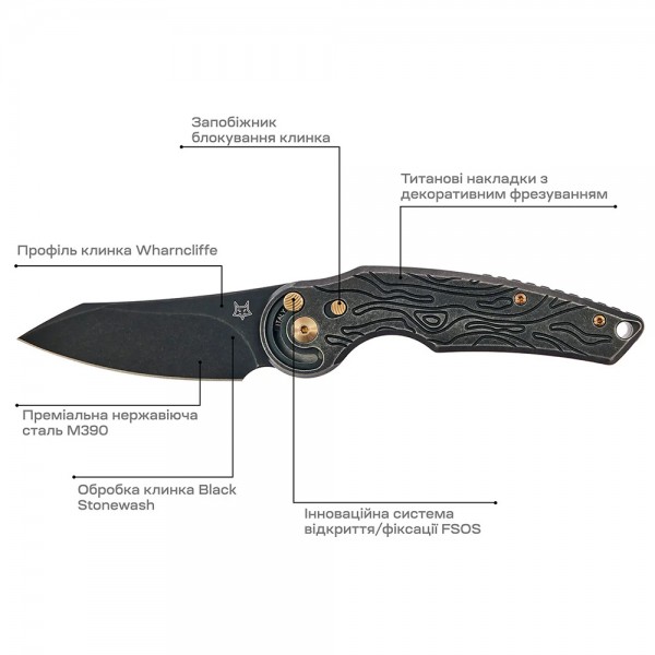 Нож Fox Jupiter Black Blade Titanium, PVD Stone Washed Black