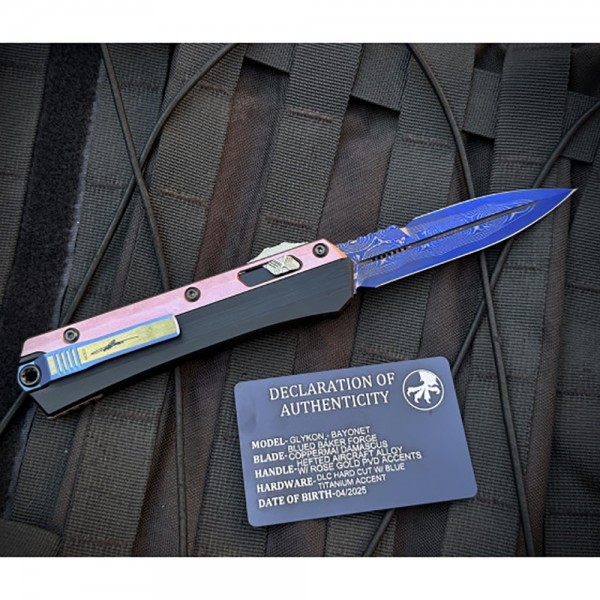 Нож Microtech Marfione Select Glykon - Bayonet Blued Baker Forge Coppermai Damascus Hefted Alloy w/Rose Gold PVD Blue