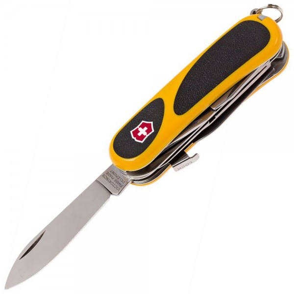 Нож Victorinox Delemont, EvoGrip S18, 85 мм, Желтый/Черный (блистер) 2.4913.SC8B1