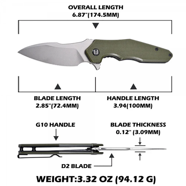 Нож Hightron Mini Ventura, D2, G10 Green HK05GRNS