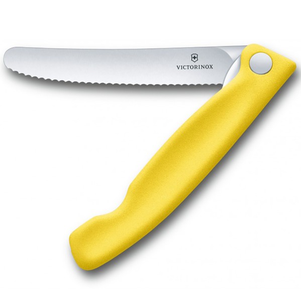 Нож кухонный складной Victorinox SwissClassic Foldable Paring, 11 см, серрейтор, скругленный, 6.7836.F8B, желтый, блистер