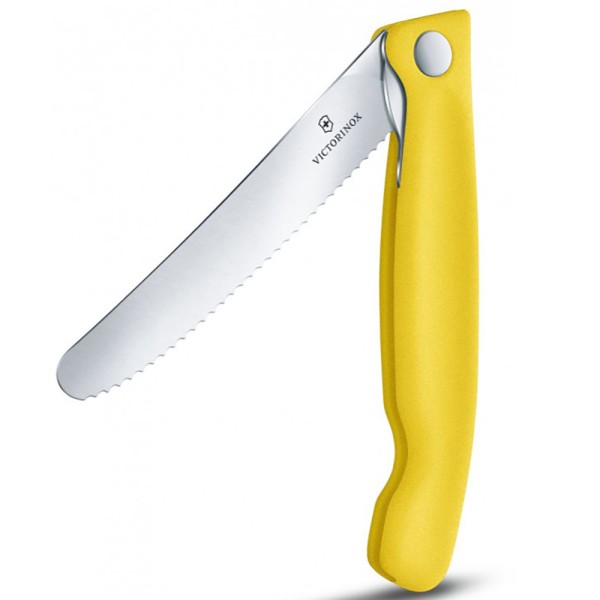 Нож кухонный складной Victorinox SwissClassic Foldable Paring, 11 см, серрейтор, скругленный, 6.7836.F8B, желтый, блистер