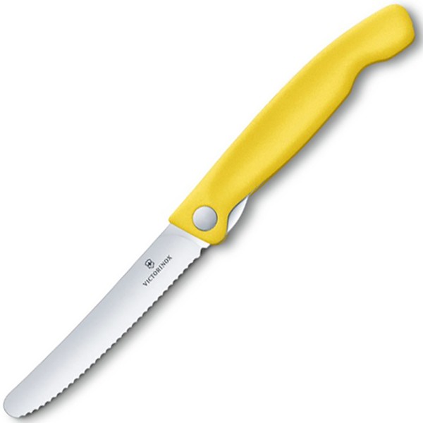 Нож кухонный складной Victorinox SwissClassic Foldable Paring, 11 см, серрейтор, скругленный, 6.7836.F8B, желтый, блистер