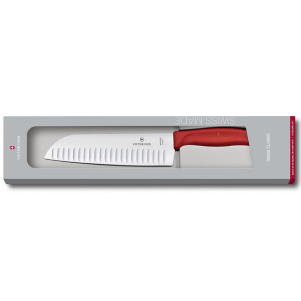 Нож кухонный Victorinox Swiss Classic Santoku Fluted, 6.8521.17G, 17 см, красный, подарочная коробка