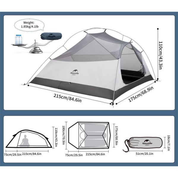 Палатка сверхлегкая трехместная с футпринтом Naturehike Cloud Up 3 UL NH18T030-T-T, 20D, темно-синяя