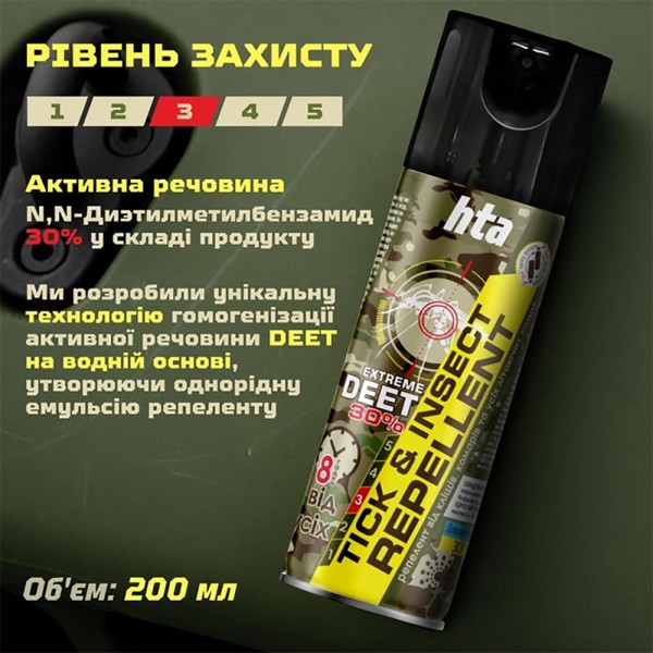 Репеллент-спрей от насекомых HTA Strong DEET 30% Tick & Insect Repellent 200 ml