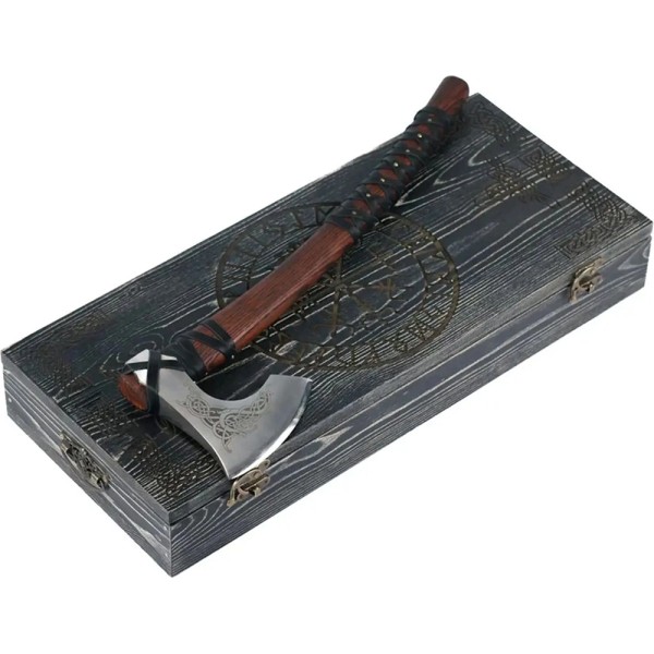 Сокира AncientSmithy Handcrafted Norse axe Njord with gentle leather wrap Wooden Runic Box Шкіряний чохол, Дерев'яний бокс з рунами