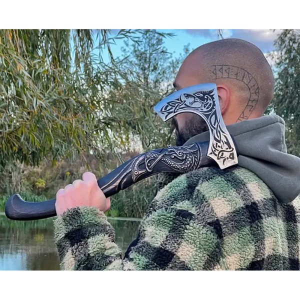 Сокира ДревніСміті Hand-forged hardened bearded viking axe "Fenrisulfr" with carved handle