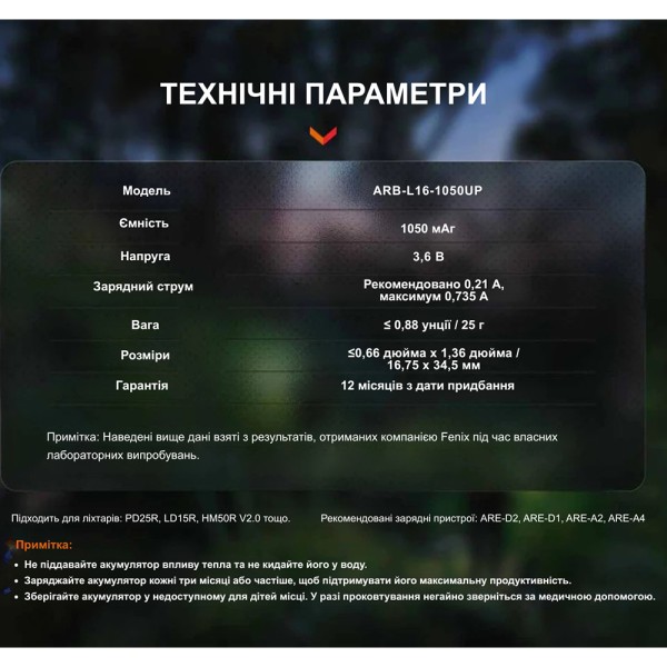 Акумулятор 16340 Fenix (1050 mAh) Type-C